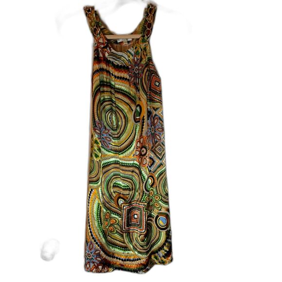 Jade Melody Tam Dress S Silk Green Orange Geometric Print Chain Strap RetroGlam - Picture 2 of 5